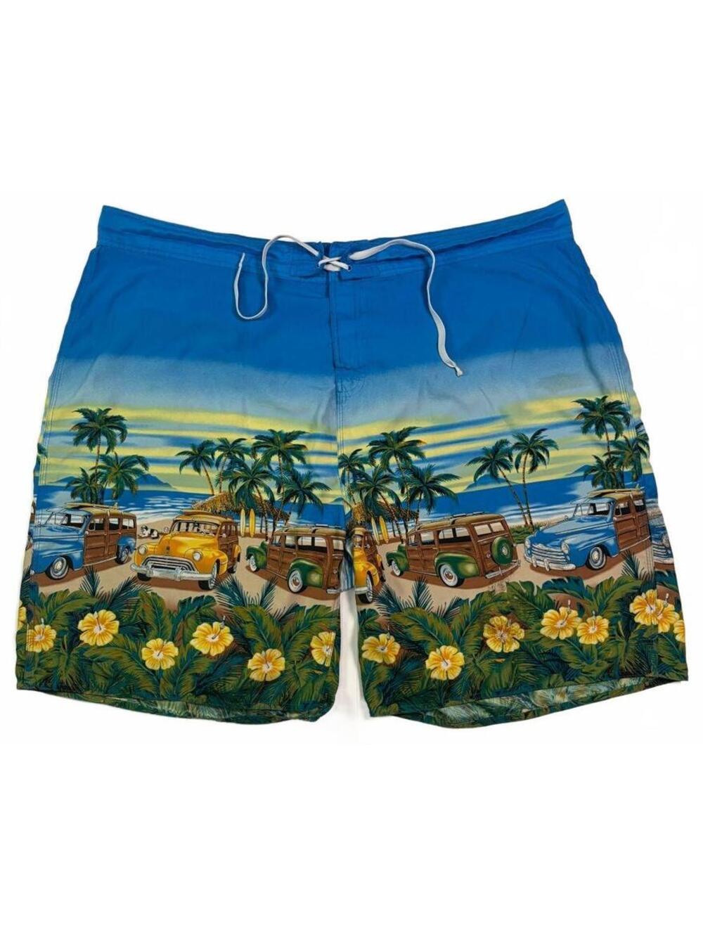 Y2K Big Dogs Men's 3XL Blue Tropical Woody Cars Hawaiian Surf Swim Board Shorts